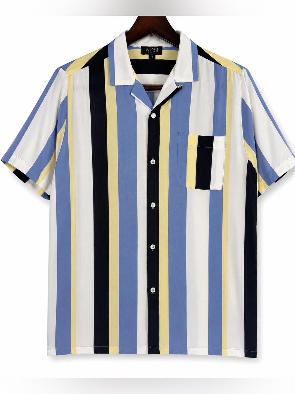 MAN BoohooMAN Small Blue Stripe Camp Collar Resort Shirt